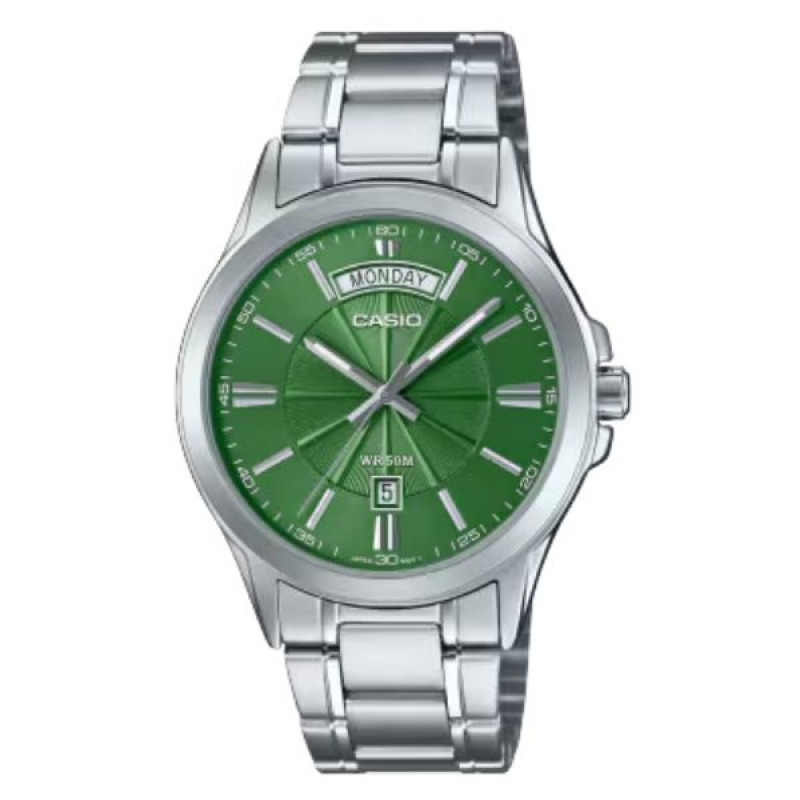 Casio MTP 1381D 3AVDF Mens Analog Stainless Steel Watch Green Dial with Day & Date