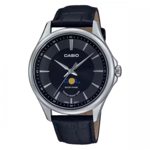 Casio MTP-M100L-1AVDF-Classic Black Dial Moon Phase Watch with Leather Band