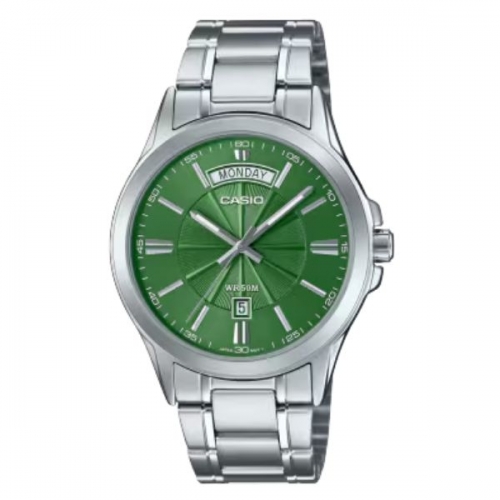 Casio MTP 1381D 3AVDF Mens Analog Stainless Steel Watch Green Dial with Day & Date
