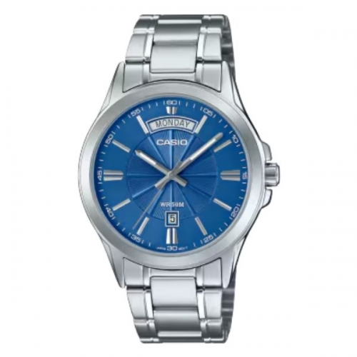 Casio MTP 1381D 2AVDF Mens Day Date Analog Stainless Steel Watch Blue Dial